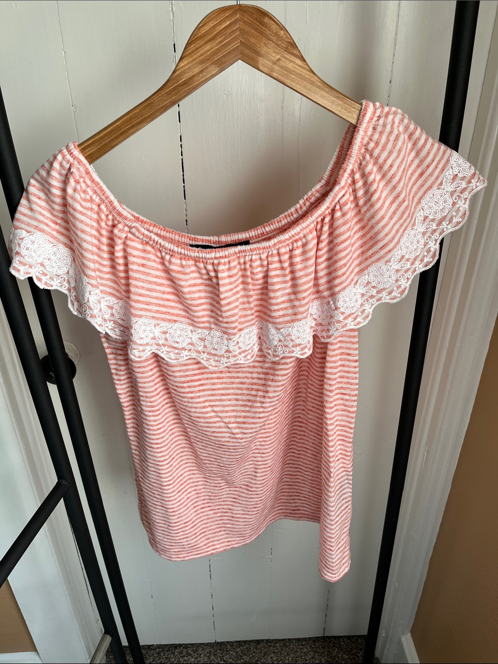 Tommy Hilfiger Peach & White Striped Off-Shoulder top